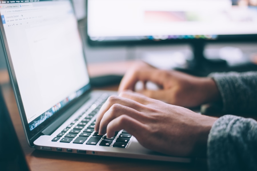 Blogger working on laptop creating content plan